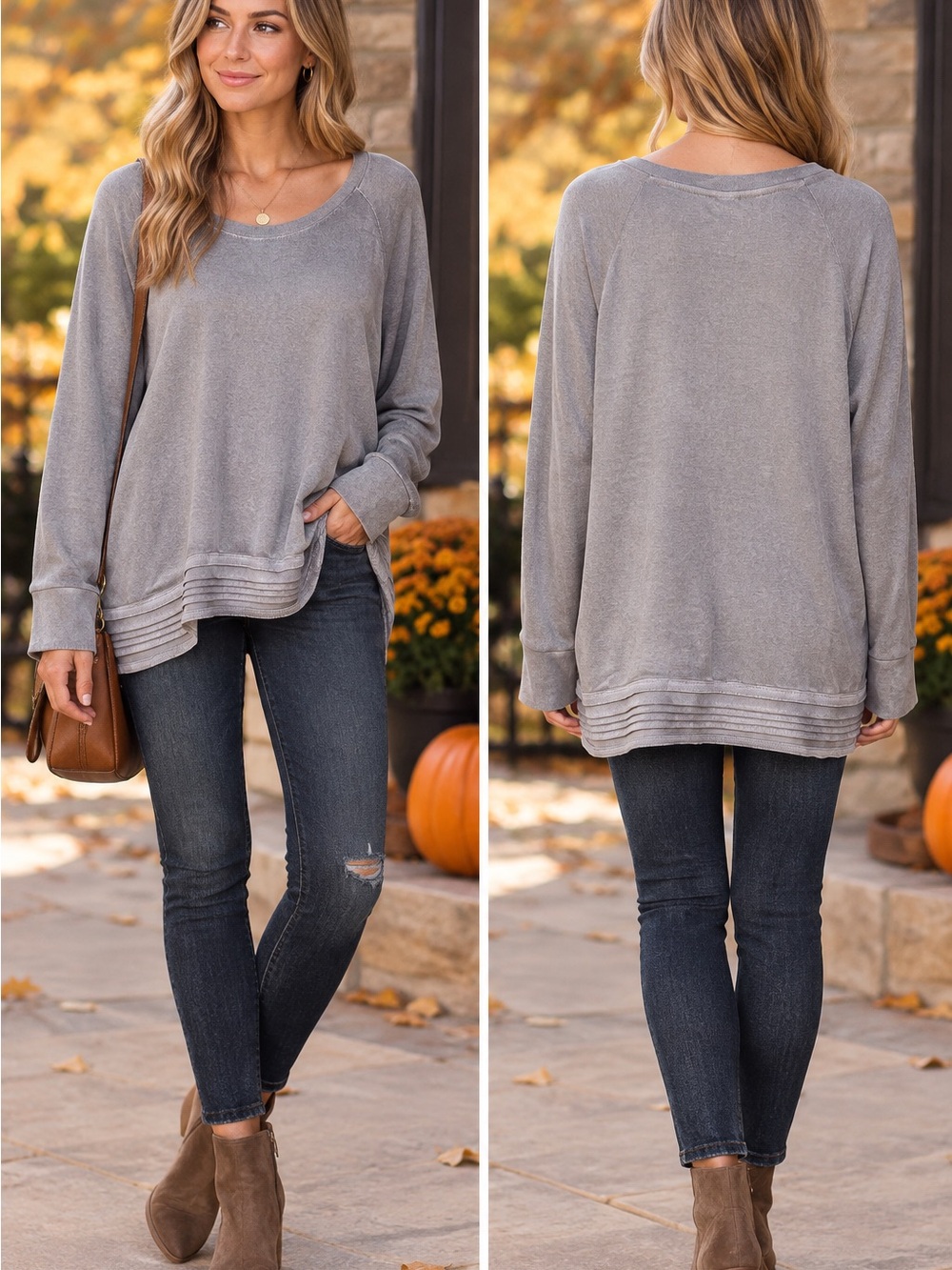 Active Life Women's Gray Crewneck Pullover with Ribbed Hem Women’s XXL Fall Chic
